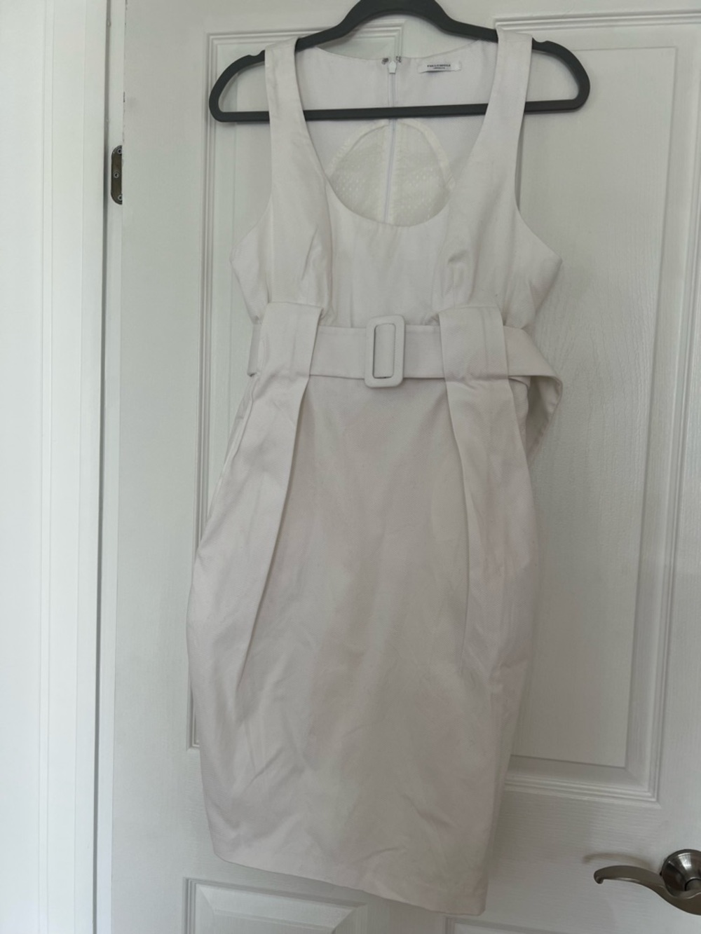 Sleeveless White Belted Midi Sheath Dress